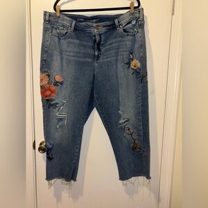 Lane Bryant Boyfriend Jeans, featured in a medium wash with floral embroidery